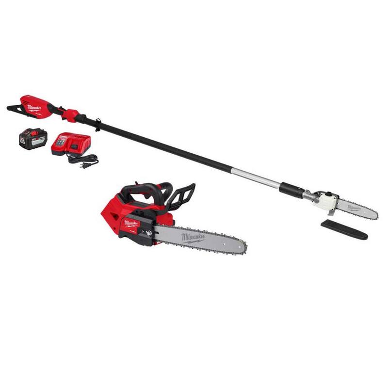 Sierra de poste telescópica inalámbrica Milwaukee M18 FUEL de 10 pulgadas, sin escobillas de 18V con sierra de cadena de mango superior de 14 pulgadas, batería de 12.0 Ah, cargador - 3013-21-2826-20T