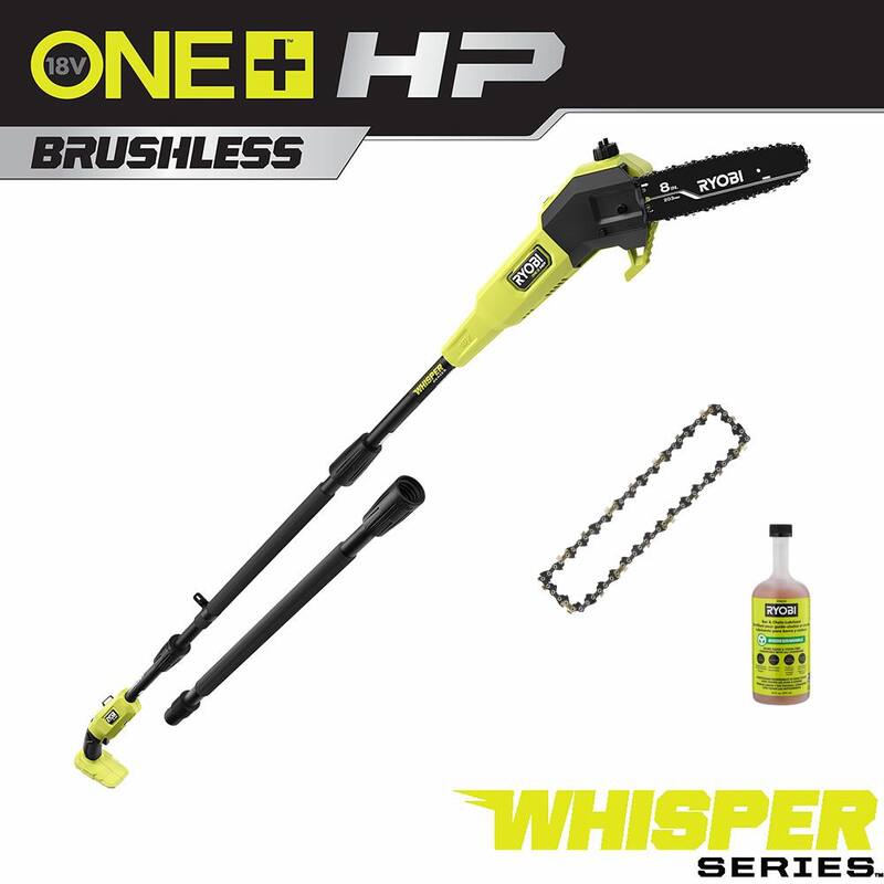 RYOBI ONE+ HP 18V Sierra de Poste a Batería Inalámbrica de 8 pulgadas Brushless Whisper Series (Herramienta solo) con Cadena y Barra Extra y Aceite para Cadena - P2508BTL-CMB1
