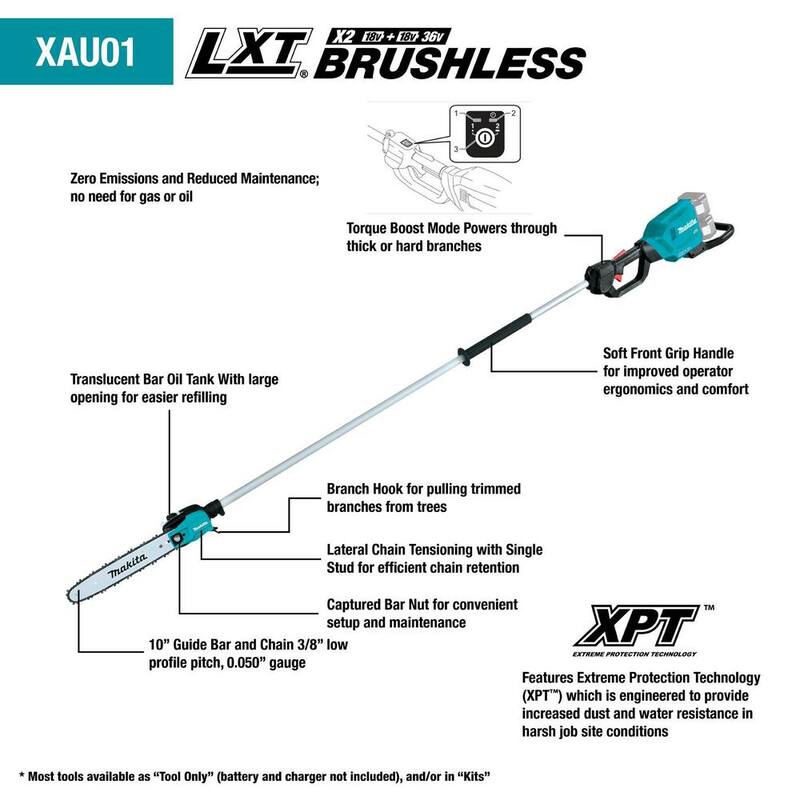 Makita LXT 18V X2 (36V) Sierra de poda inalámbrica con motor sin escobillas de iones de litio de 10 pulgadas Kit, 8 pies L (5.0 Ah) - XAU01PTB