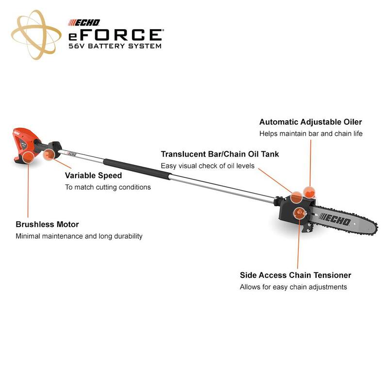 ECHO eFORCE 10 in. Bar 56V Cordless Battery Powered Pole Saw w/Fixed Shaft Proporcionando 12 ft. de alcance Batería 2.5Ah y cargador - DPPF-2100C1