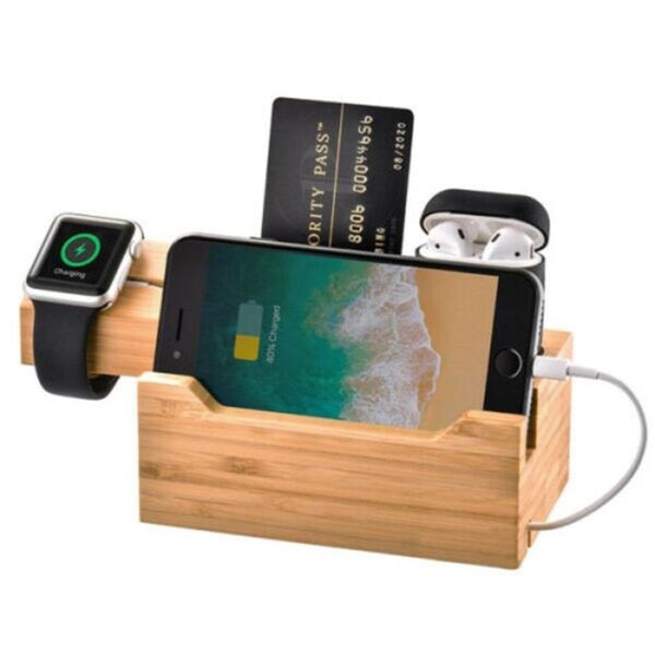 Trexonic 42 mm 3-in-1 Bamboo Charging Station with Card Holder - TRX-CS3U3A