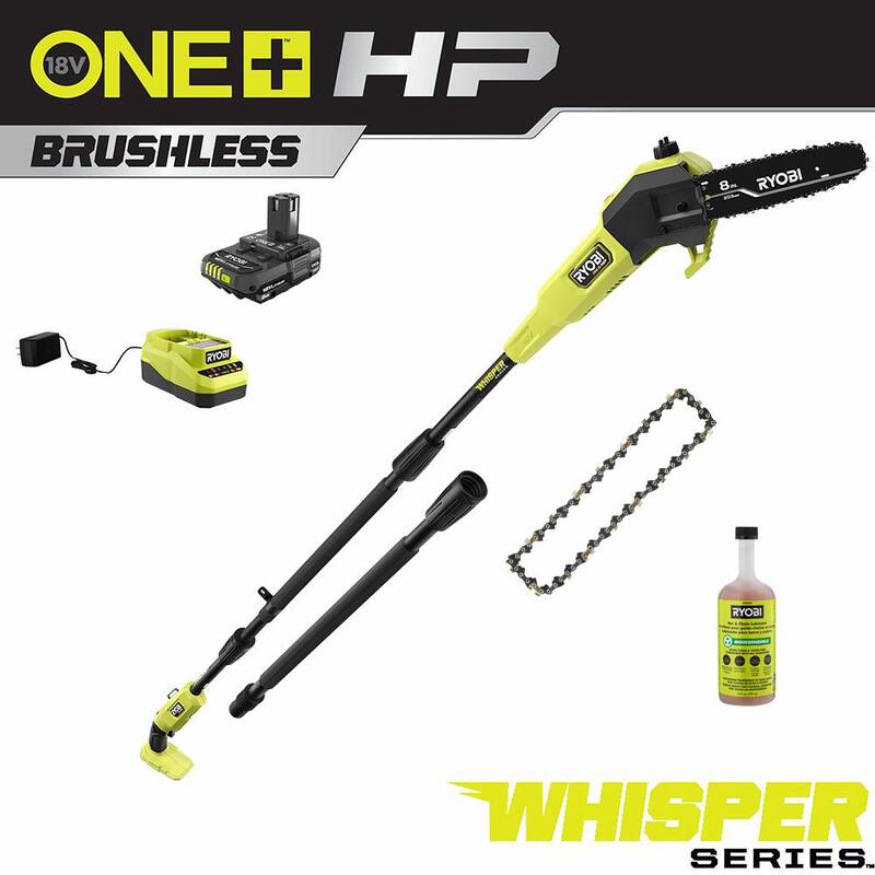 RYOBI ONE+ HP 18V Brushless Whisper Series 8 in. Motosierra de poste inalámbrica con cadena extra, barra y aceite para cadena, batería y cargador - P2580-CMB1
