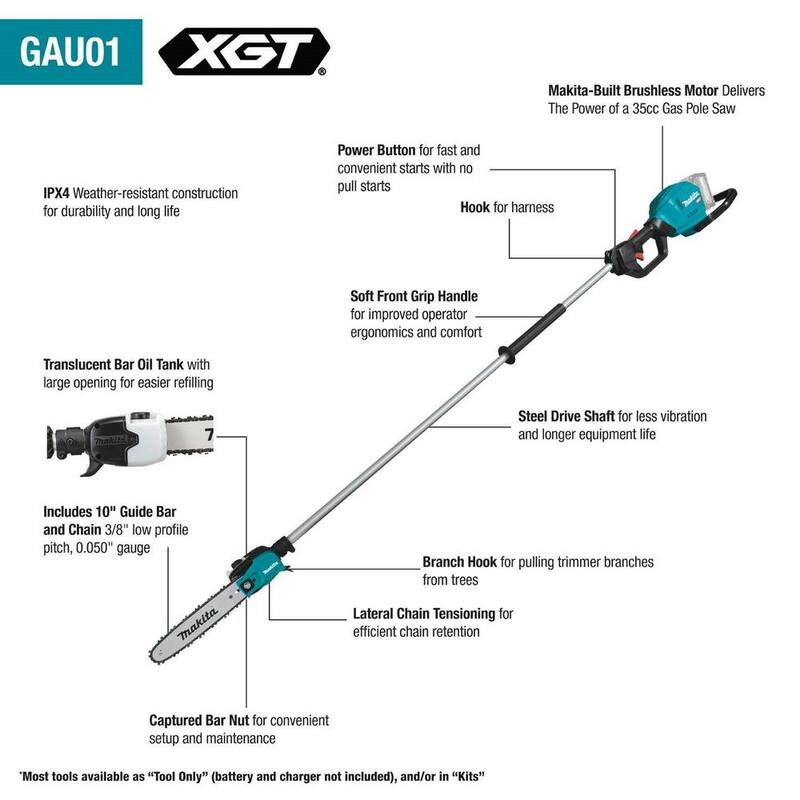 Makita XGT 10 pulg. 40V máx. Sierra de poda eléctrica inalámbrica sin escobillas Kit, 8 ft. de longitud (4.0Ah) - GAU01M1