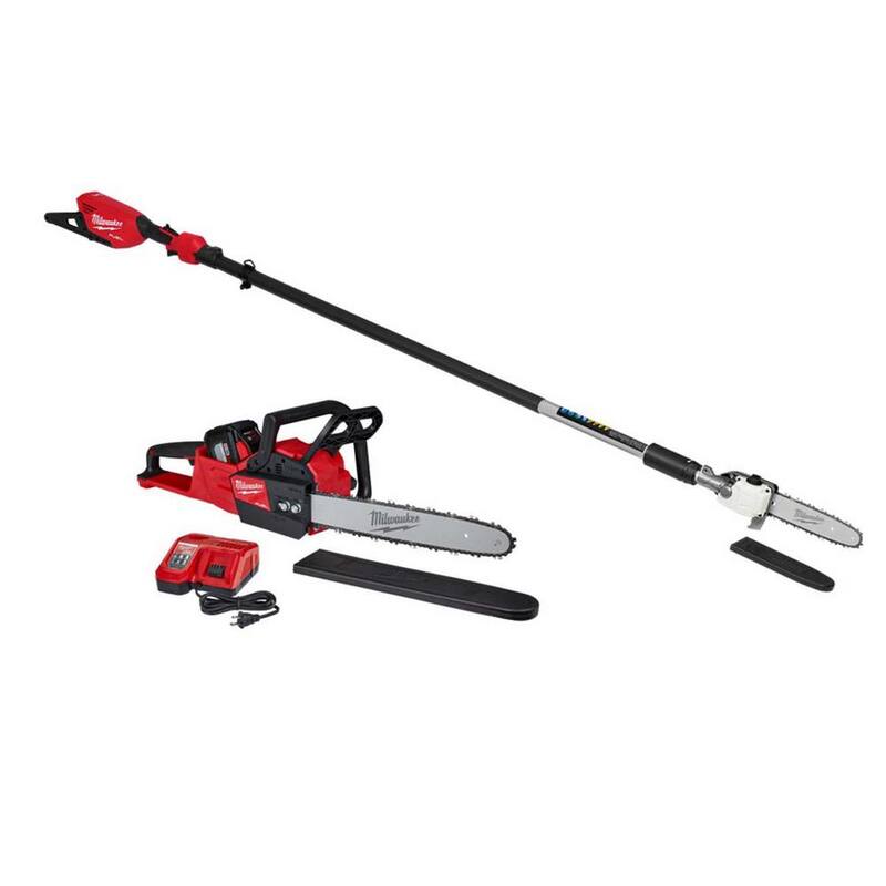 Podadora telescópica inalámbrica eléctrica sin escobillas Milwaukee M18 FUEL de 10 pulgadas con batería de iones de litio de 18V y sierra de cadena de 16 pulgadas (kit de 2 herramientas) - 3013-20-2727-21HD.