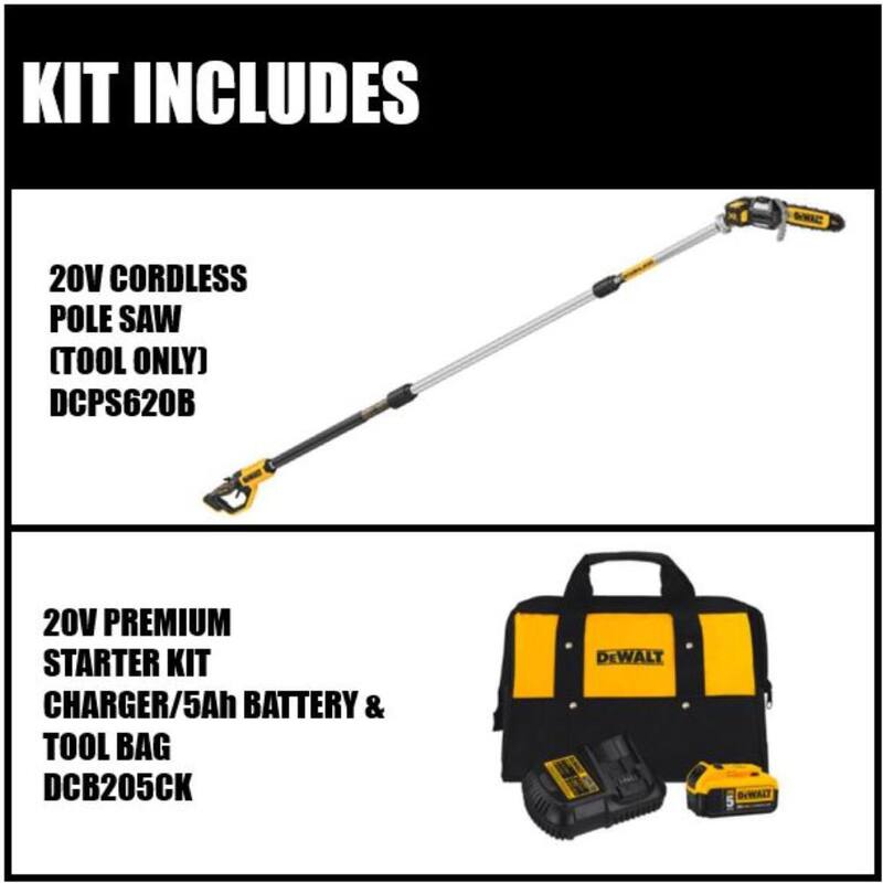 DEWALT 20V MAX 8 pulgadas. Sierra de poste inalámbrica con batería recargable con kit de (1) batería de 5Ah, cargador y bolsa - DCPS620BW205CK
