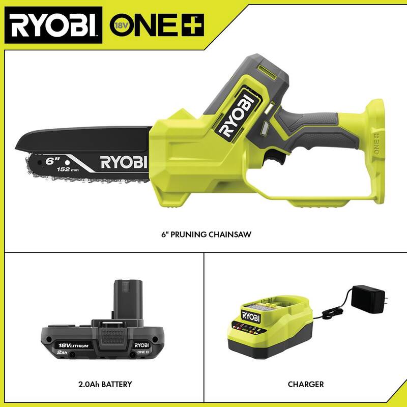 RYOBI ONE+ 18V 6 in. Podadora compacta inalámbrica con Mini motosierra con batería de 2.0 Ah y cargador - PCLCW01K
