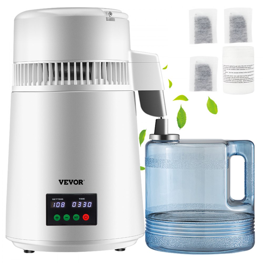 VEVOR 1.1Gal Water Distiller, 0.3Gal/H, 750W Distilled Water Maker Machine 0-99H Timing Set Temp Display, 304 Stainless Steel Countertop Distiller Plastic Carafe Cleaning Powder 3 Carbon Packs, White - D1LH4L1LH110VVSKZV1