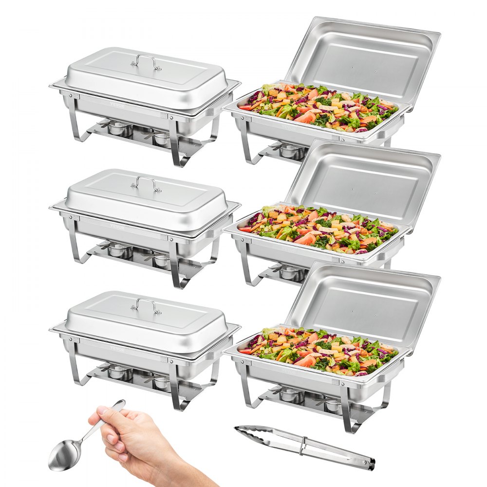 VEVOR Chafing Dish Buffet Set, 8 Qt 6 Pack, Stainless Chafer with 6 Full Size Pans, Rectangle Catering Warmer Server with Lid Water Pan Folding Stand Fuel Holder Tray Spoon Clip, at Least 8 People Eac - ZFXKCLJTZ68QTMJAWV0