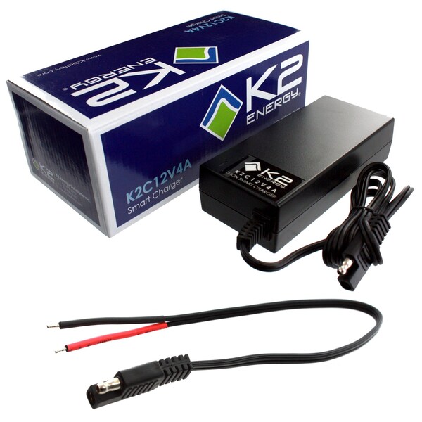 K2 Energy K2C12V4A 12V 4Ah LiFePO4 Smart Charger with Wire Leads - K2C12V4A01