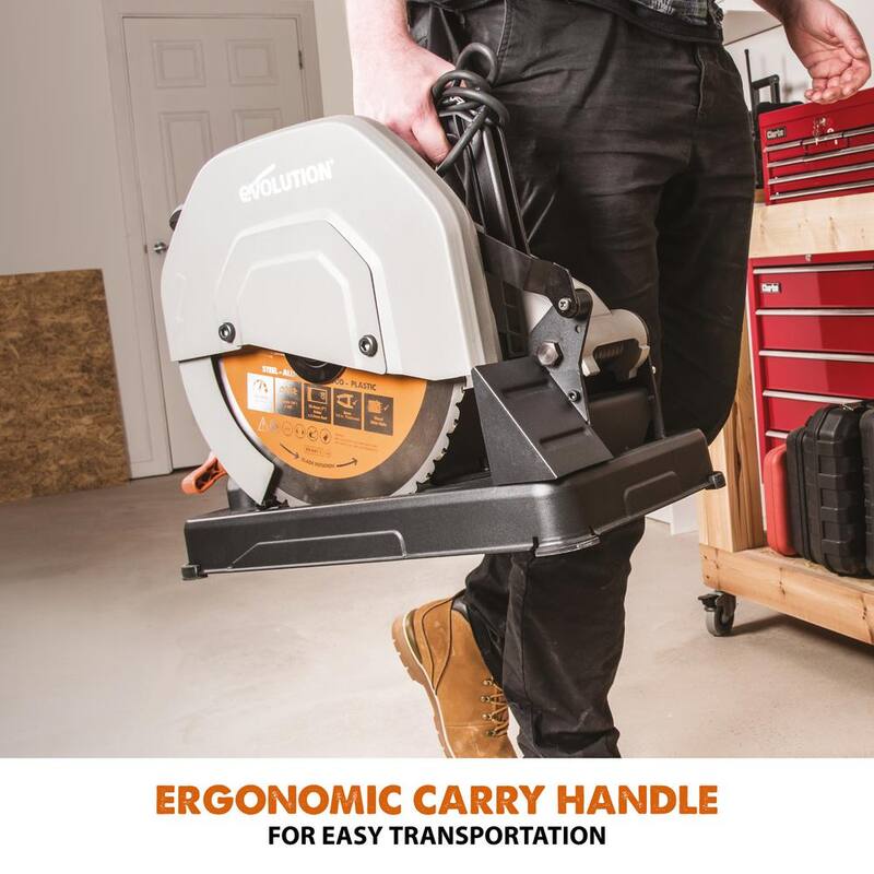 Si embargo, el corte de sierra Evolution Power Tools de 15 amperios de 14 pulgadas con V-Block y hoja de 32 dientes multifuncional - R355CPS.
