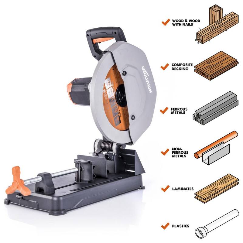 Si embargo, el corte de sierra Evolution Power Tools de 15 amperios de 14 pulgadas con V-Block y hoja de 32 dientes multifuncional - R355CPS.