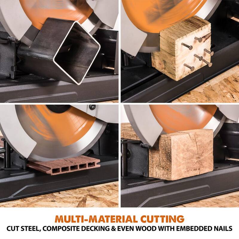 Si embargo, el corte de sierra Evolution Power Tools de 15 amperios de 14 pulgadas con V-Block y hoja de 32 dientes multifuncional - R355CPS.