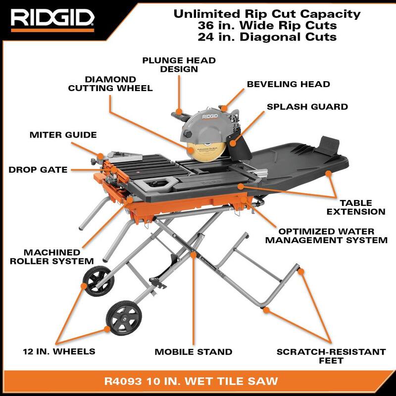 Sierra para azulejos húmedos de 10 pulgadas RIDGID de 15 amperios con soporte portátil - R4093