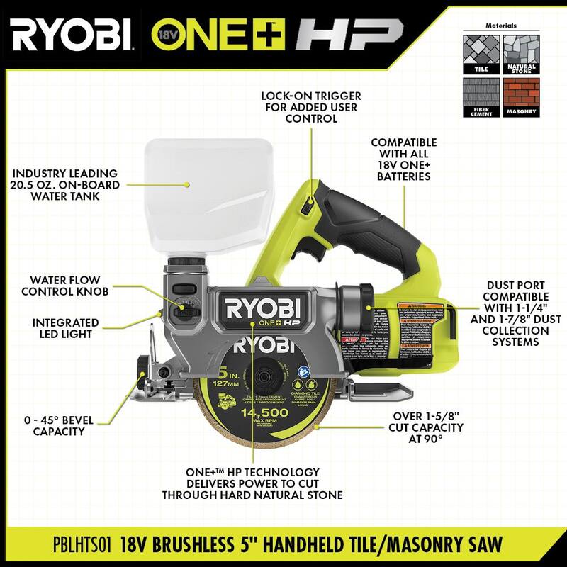 Si no traduzcas la marca del producto, el título sería: Sierra de azulejos húmedos/secos portátil inalámbrica de mampostería RYOBI ONE+ HP 18V (herramienta solamente) - PBLHTS01B