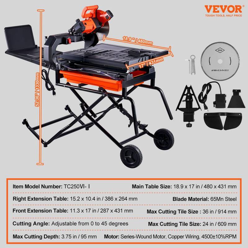 VEVOR Sierra de Azulejos Húmeda, 15 Amperios 10 Pulgadas 65Mn Sierra de Azulejos con Cable, 4500 RPM, Cortadora de Azulejos Húmeda con Reservorio de Agua y Ruedas - GYKC1036X3624T4ZEV1