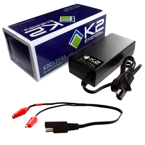 K2 Energy K2C12V4A 12V 4Ah LiFePO4 Smart Charger with Alligator Clips - K2C12V4A03