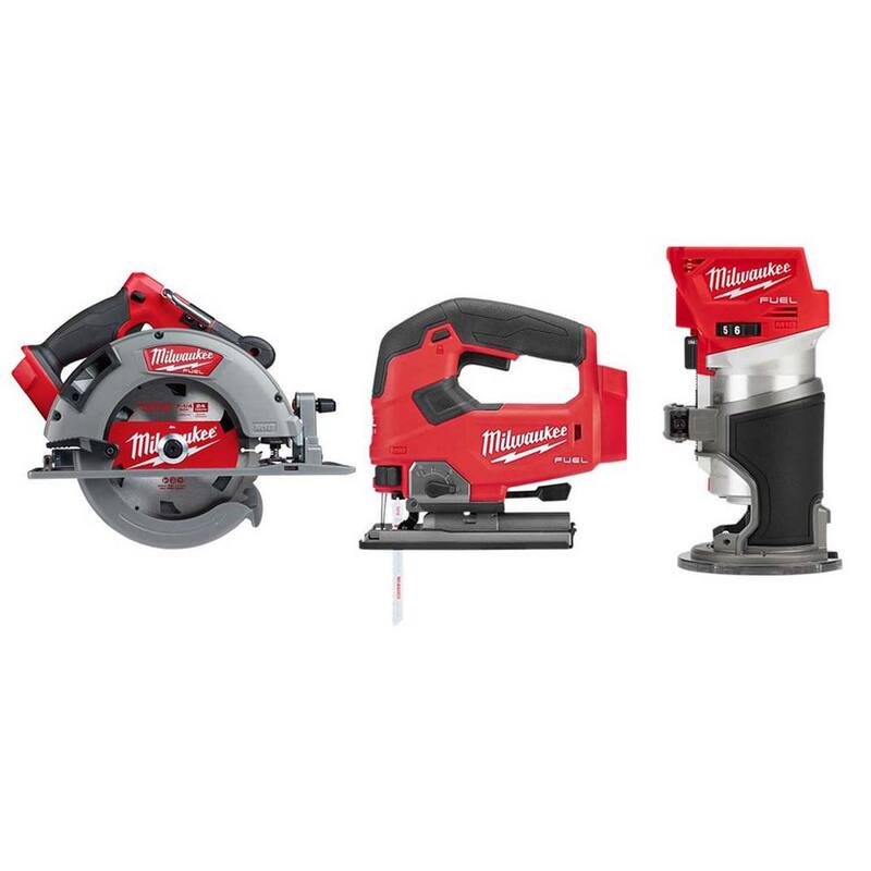 Kit de combo de sierra circular, sierra de vaivén y enrutador compacto inalámbrico Milwaukee M18 FUEL 18V con tecnología de ion de litio sin escobillas de 7-1/4 pulgadas (3 herramientas) - 2732-20-2737-20-2723-20.
