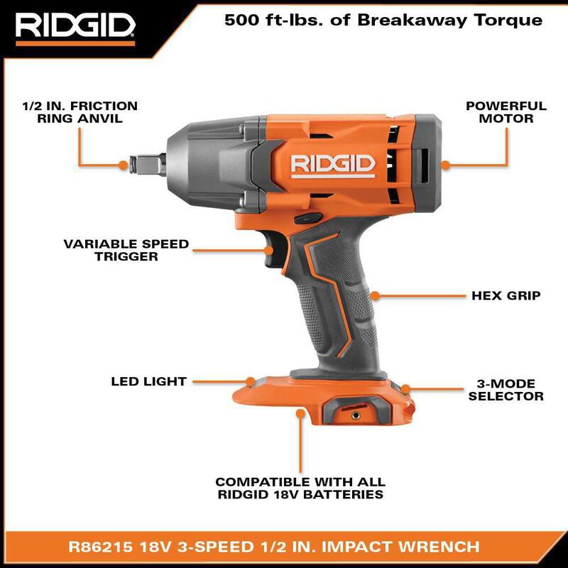 Kit de llave de impacto inalámbrica RIDGID de 18V con batería de 4.0 Ah y cargador - R86215K