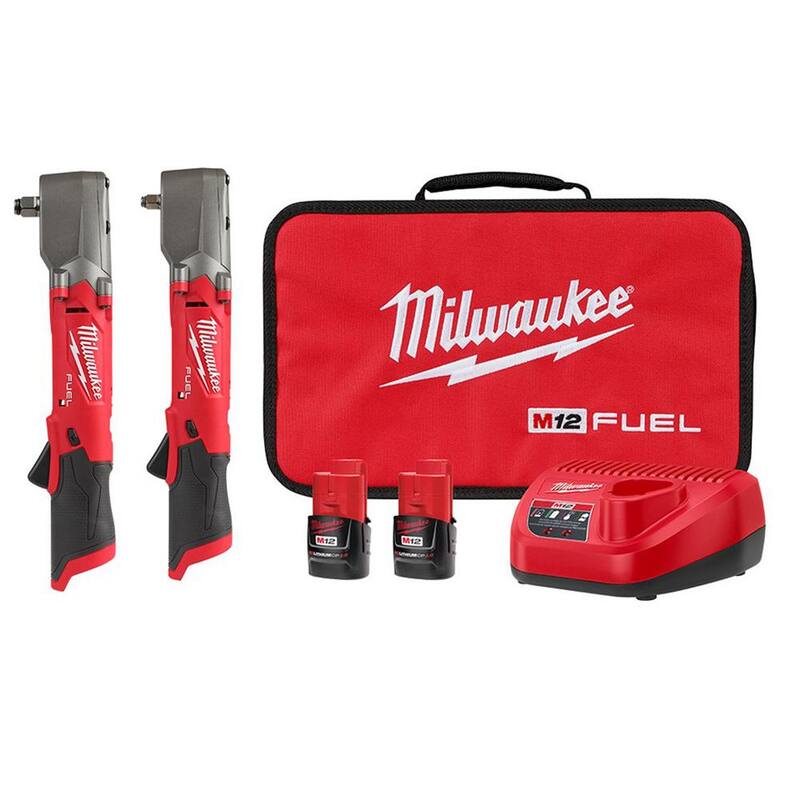 Juego de llaves de impacto angular recto inalámbricas sin escobillas Milwaukee M12 FUEL de 12V de 3/8 y 1/2 pulgadas (2 herramientas) - 2564-22-2565-20