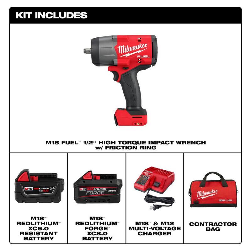 Llave de impacto inalámbrica sin escobillas Milwaukee M18 FUEL de 18V con batería de 5.0 Ah y paquete de batería FORGE XC de 8.0 Ah - 2967-21B-48-11-1881.
