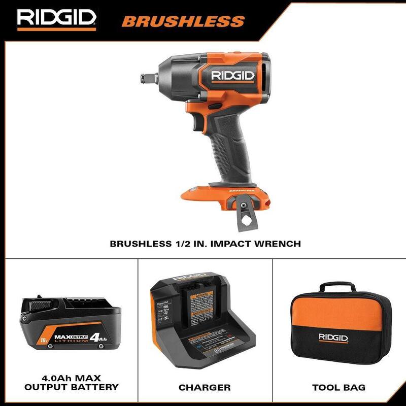 Llave de impacto inalámbrica sin escobillas de 18V 1/2 pulgadas RIDGID con batería de 4.0 Ah y cargador - R86012K