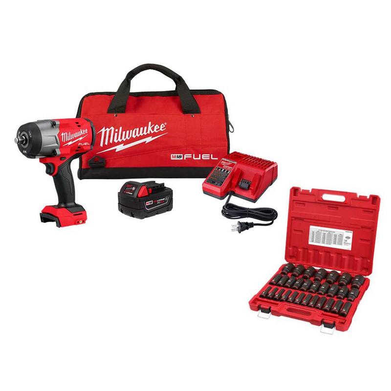 Juego combo de llave de impacto inalámbrica sin escobillas Milwaukee M18 FUEL 18V de 1/2 pulgada con anillo de fricción y juego de dados de impacto - 2967-21B-49-66-7015