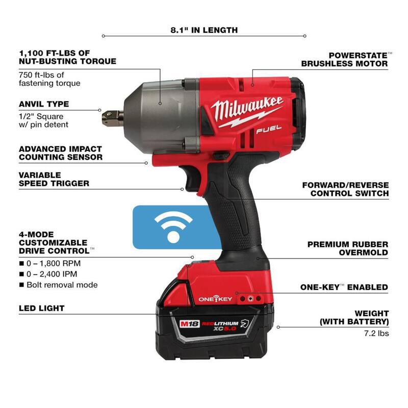 Llave de impacto inalámbrica Brushless de alto torque de 1/2 pulgadas de Milwaukee M18 FUEL ONE-KEY 18V Li-Ion con Kit de retención de pasador, Baterías resistentes - 2862-22R
