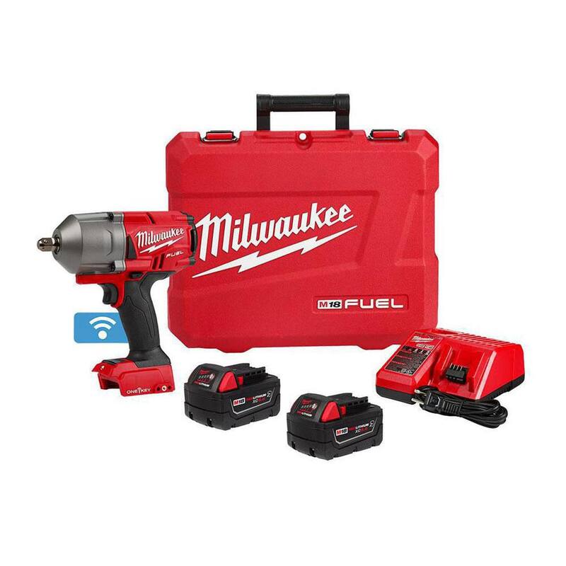 Llave de impacto inalámbrica Brushless de alto torque de 1/2 pulgadas de Milwaukee M18 FUEL ONE-KEY 18V Li-Ion con Kit de retención de pasador, Baterías resistentes - 2862-22R