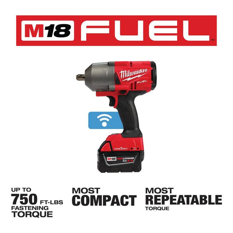 Llave de impacto inalámbrica Brushless de alto torque de 1/2 pulgadas de Milwaukee M18 FUEL ONE-KEY 18V Li-Ion con Kit de retención de pasador, Baterías resistentes - 2862-22R