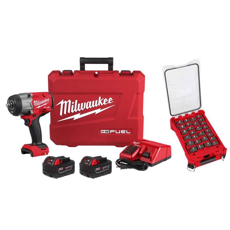 Juego de llave de impacto inalámbrica Milwaukee M18 FUEL 18V de ión de litio sin escobillas de alto torque de 1/2 in con anillo de fricción y juego de dados de impacto - 2967-22-49-66-6804