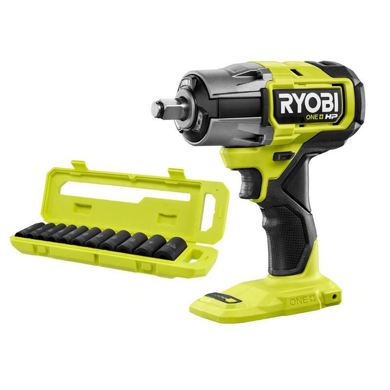 RYOBI ONE+ HP 18V Llave de impacto inalámbrica sin escobillas de 4 modos de 1/2 pulg. (Herramienta solamente) con juego de dados de impacto profundo métrico de 1/2 pulgadas (11 piezas) - P262-RHMTIS31102
