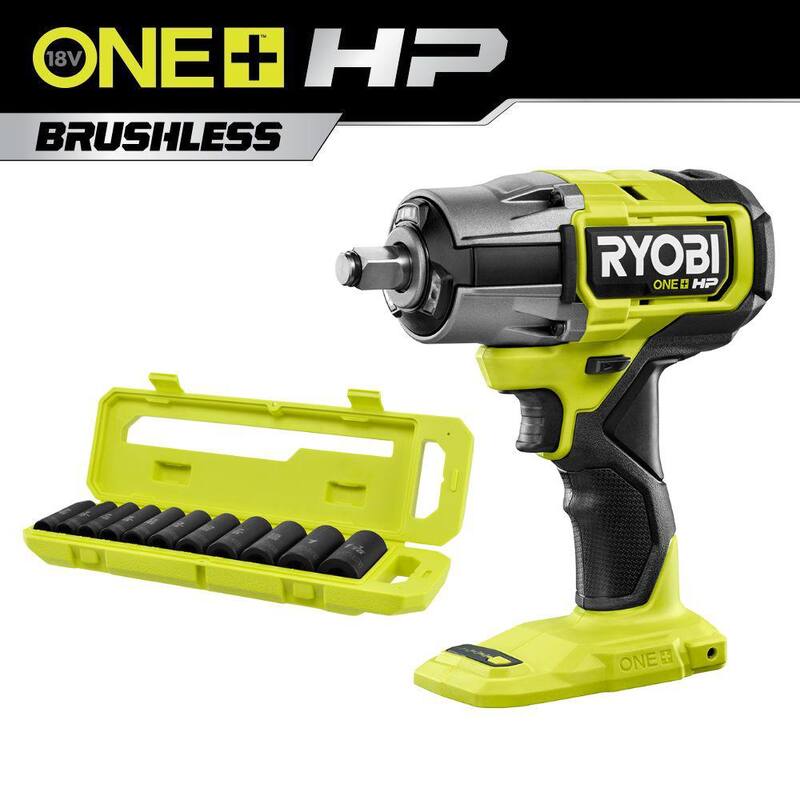 RYOBI ONE+ HP 18V Llave de impacto inalámbrica sin escobillas de 4 modos de 1/2 pulg. (Herramienta solamente) con juego de dados de impacto profundo métrico de 1/2 pulgadas (11 piezas) - P262-RHMTIS31102