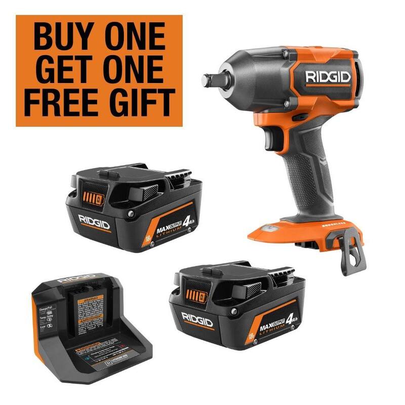 Kit de inicio RIDGID 18V con (2) Baterías de salida máxima de 4.0 Ah y cargador con llave de impacto inalámbrica de torsión media de 18V sin escobillas - AC8609340SB-R86012B