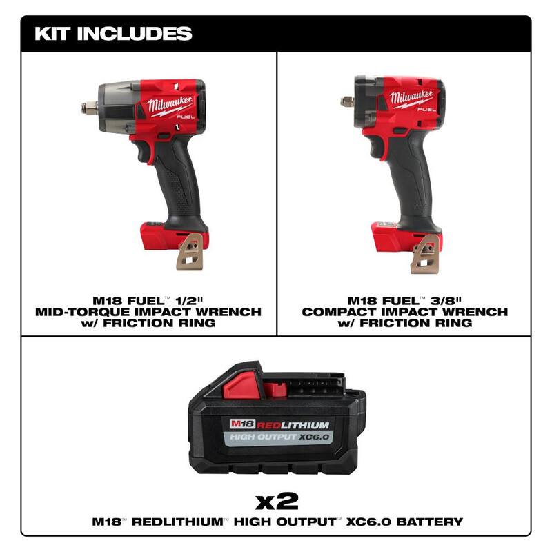 Llave de impacto inalámbrica Milwaukee M18 FUEL 18V Lith-Ion Brushless de 1/2 pulgadas con llave de impacto de 3/8 pulgadas y (2) baterías de alto rendimiento de 6.0Ah - 2962-20-2854-20-48-11-1862.