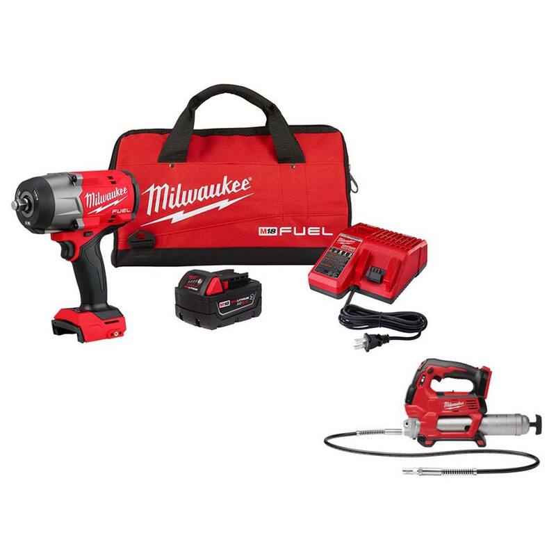 Llave de impacto inalámbrica sin escobillas Milwaukee M18 FUEL de 18V con anillo de fricción, juego con pistola de grasa - 2967-21B-2646-20