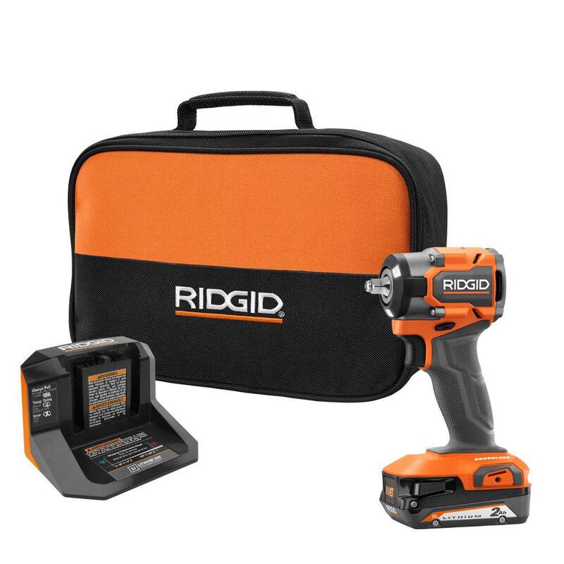 RIDGID Juego de llave de impacto inalámbrica compacta sin escobillas de 3/8 pulgadas de 18 V con batería de 2.0 Ah, cargador y bolso - R872071K