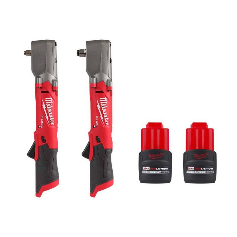 Llaves de impacto inalámbricas Milwaukee M12 FUEL 12V con tecnología Brushless de 3/8 y 1/2 pulgadas de ángulo recto con baterías M12 CP de 2.5 Ah - 2564-20-2565-20-48-11-2425-48-11-2425.