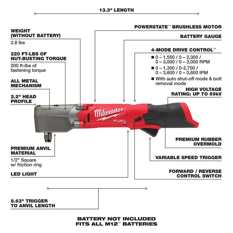 Llaves de impacto inalámbricas Milwaukee M12 FUEL 12V con tecnología Brushless de 3/8 y 1/2 pulgadas de ángulo recto con baterías M12 CP de 2.5 Ah - 2564-20-2565-20-48-11-2425-48-11-2425.