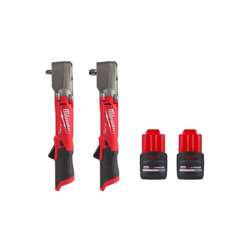 Llaves de impacto inalámbricas Milwaukee M12 FUEL 12V con tecnología Brushless de 3/8 y 1/2 pulgadas de ángulo recto con baterías M12 CP de 2.5 Ah - 2564-20-2565-20-48-11-2425-48-11-2425.