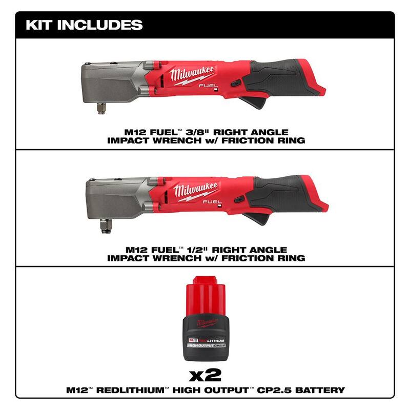 Llaves de impacto inalámbricas Milwaukee M12 FUEL 12V con tecnología Brushless de 3/8 y 1/2 pulgadas de ángulo recto con baterías M12 CP de 2.5 Ah - 2564-20-2565-20-48-11-2425-48-11-2425.