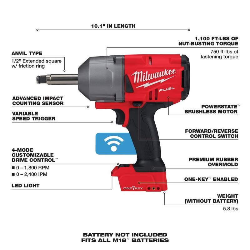 Milwaukee M18 ONE-KEY FUEL 18V Llave de impacto inalámbrica sin escobillas de iones de litio de 1/2 pulgadas con yunque extendido (solo herramienta) - 2769-20