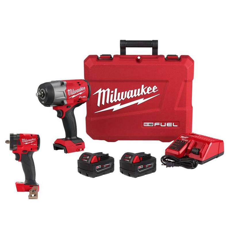 Juego de llave de impacto inalámbrica de alto par Milwaukee M18 FUEL 18V de iones de litio sin escobillas de 1/2 pulgadas con llave de impacto compacta de 3/8 pulgadas - 2967-22-2854-20.