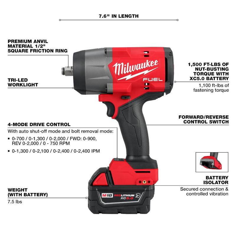 Milwaukee M18 FUEL Llave de Impacto Inalámbrica sin Escobillas de Litio de 18V de 1/2 Pulgada de Alto Par con Anillo de Fricción y Kit con (3) Baterías - 2967-22-48-11-1850R