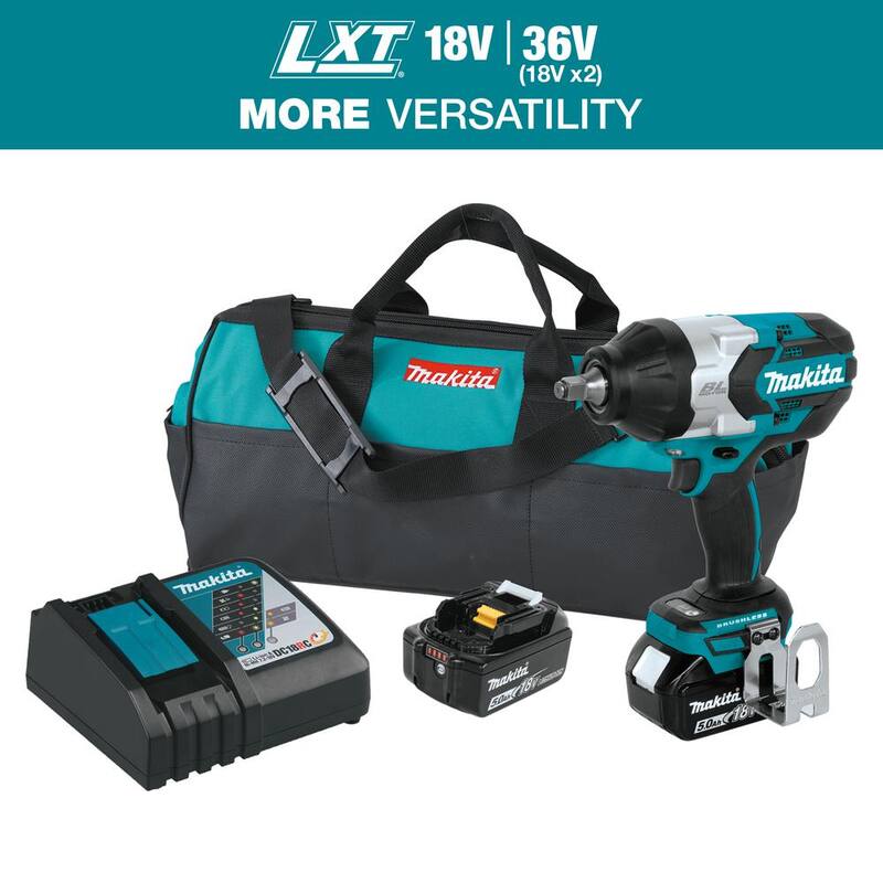 Llave de Impacto Inalámbrica de Alto Torque Cuadrada de 1/2 pulg. Makita 18V LXT de Iones de Litio sin Escobillas con (2) Baterías 5.0Ah y Bolsa - XWT08T