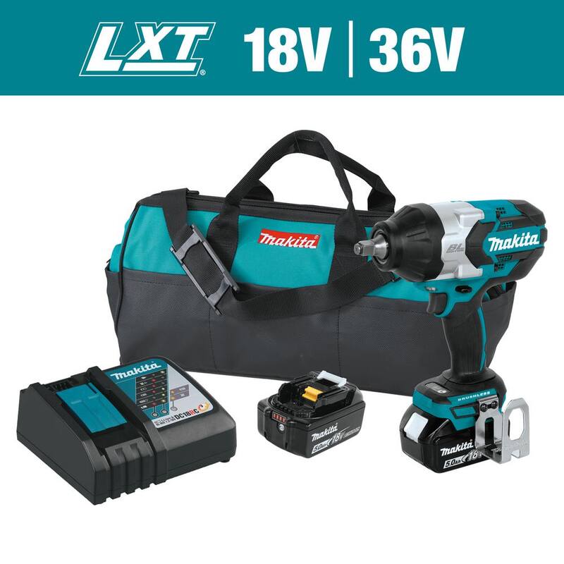 Llave de Impacto Inalámbrica de Alto Torque Cuadrada de 1/2 pulg. Makita 18V LXT de Iones de Litio sin Escobillas con (2) Baterías 5.0Ah y Bolsa - XWT08T