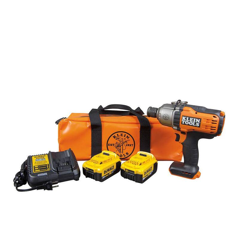 Herramienta de impacto inalámbrica sin escobillas de 20 voltios Klein Tools de 7/16 pulgadas con dos baterías de 4.0 Ah y cargador - BAT20-7161.
