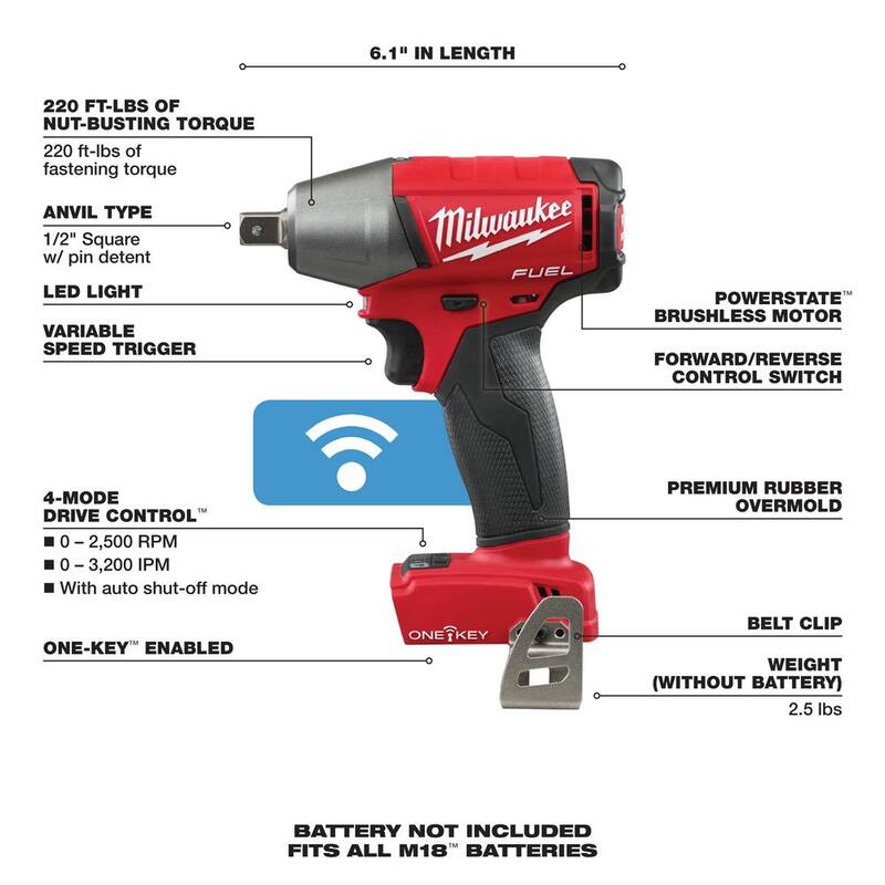 Llave de impacto inalámbrica sin escobillas Milwaukee M18 FUEL ONE-KEY de 18V de 1/2 pulgada con retención de pasador (herramienta solamente) - 2759-20