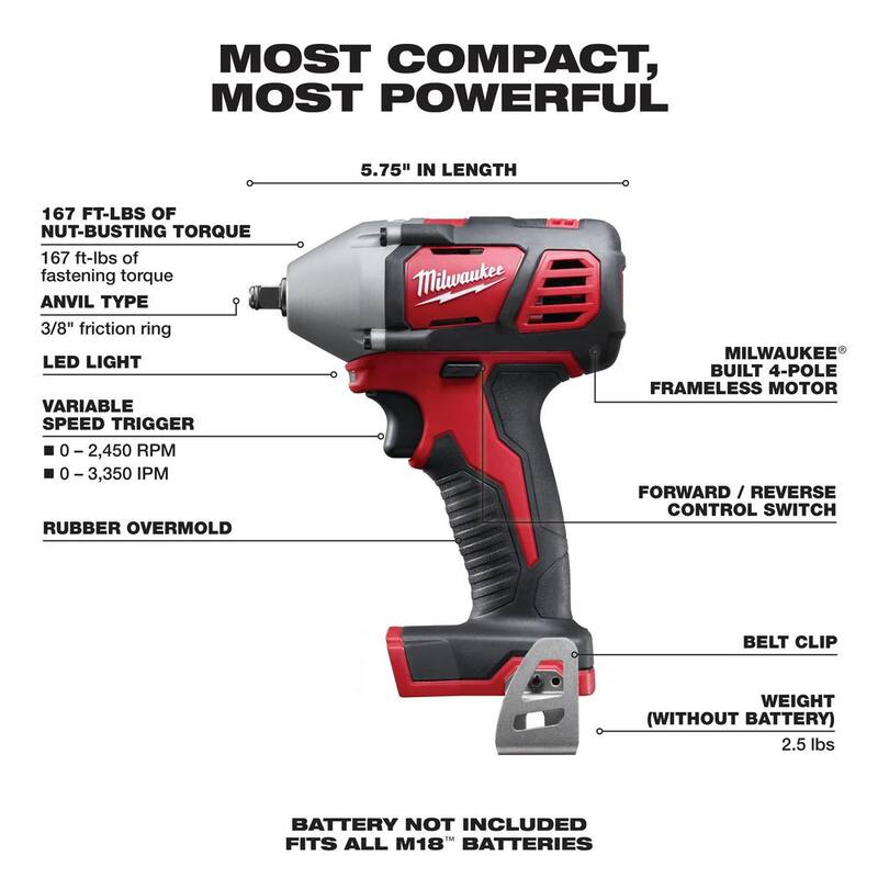 Milwaukee M18 18V Llave de impacto inalámbrica de 3/8 pulgadas con anillo de fricción (sólo herramienta) - 2658-20