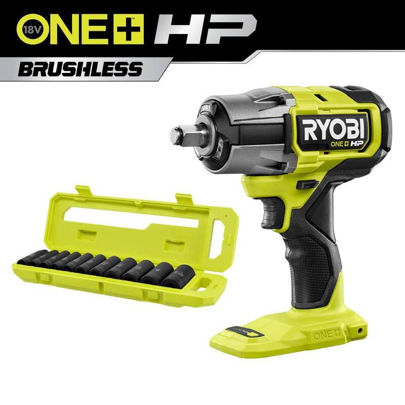 Llave de impacto inalámbrica sin escobillas de 18V RYOBI ONE+ HP de 4 modos 1/2 in (herramienta solamente) con juego de dados de impacto profundo de 1/2 in. SAE (11 piezas) - P262-RHMTIS31101