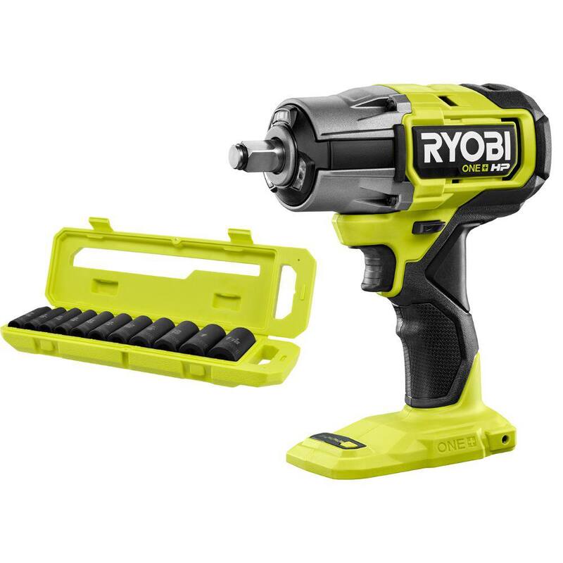 Llave de impacto inalámbrica sin escobillas de 18V RYOBI ONE+ HP de 4 modos 1/2 in (herramienta solamente) con juego de dados de impacto profundo de 1/2 in. SAE (11 piezas) - P262-RHMTIS31101